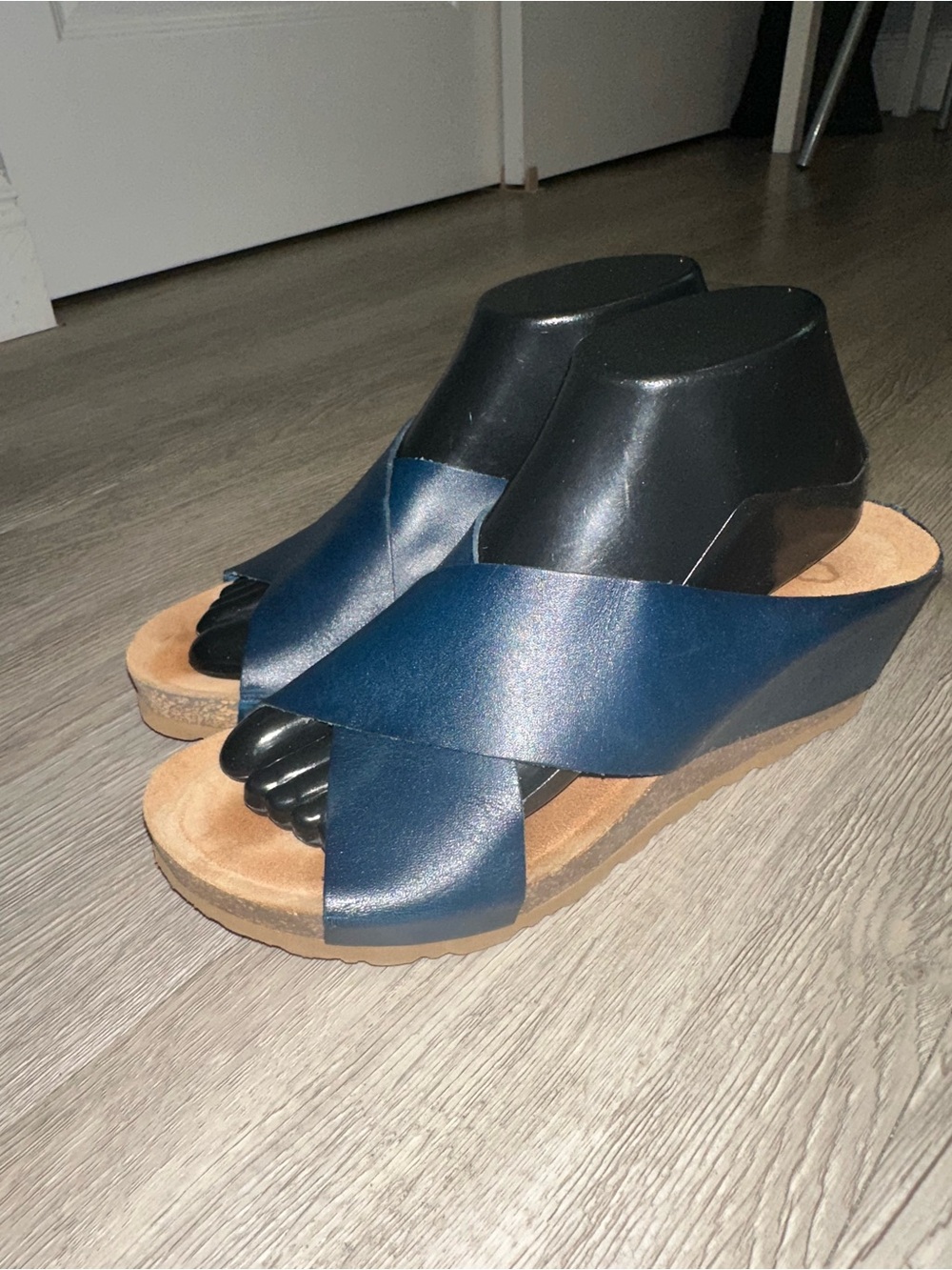 Yokono Candela Blue Leather Wedge Heels Sandals Made in Spain Womens Sz9